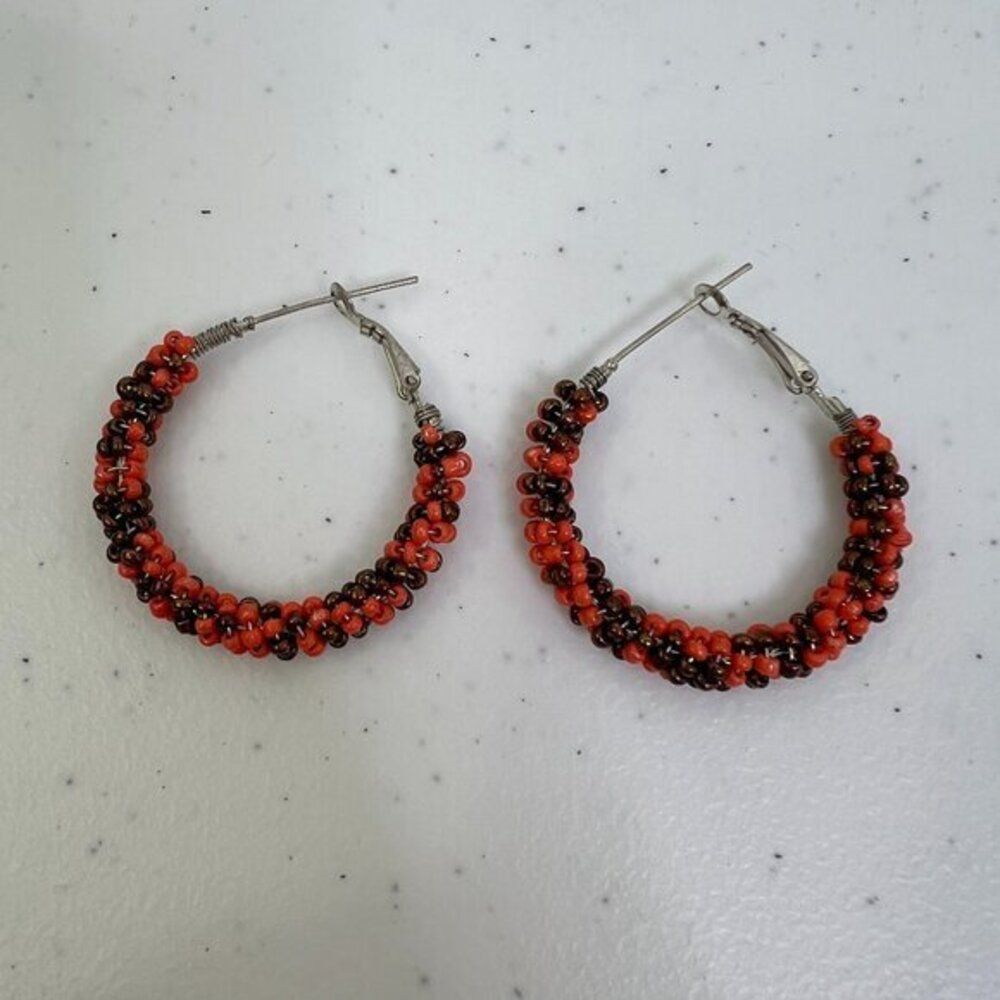 Beaded Hoop Earrings Orange Brown‎ 1.5 Inch Boho Wrapped Silver Tone